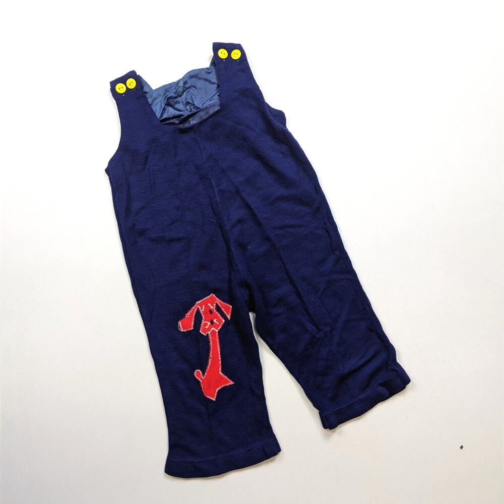 Vintage Longalls Baby Boys Sz 6-9m Navy Blue Puppy Dog 70s Applique